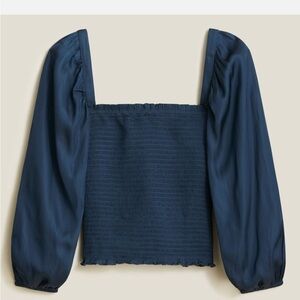 J.Crew Navy Blue Squareneck Smocked Featherweight Satin Cropped Long-sleeve Top